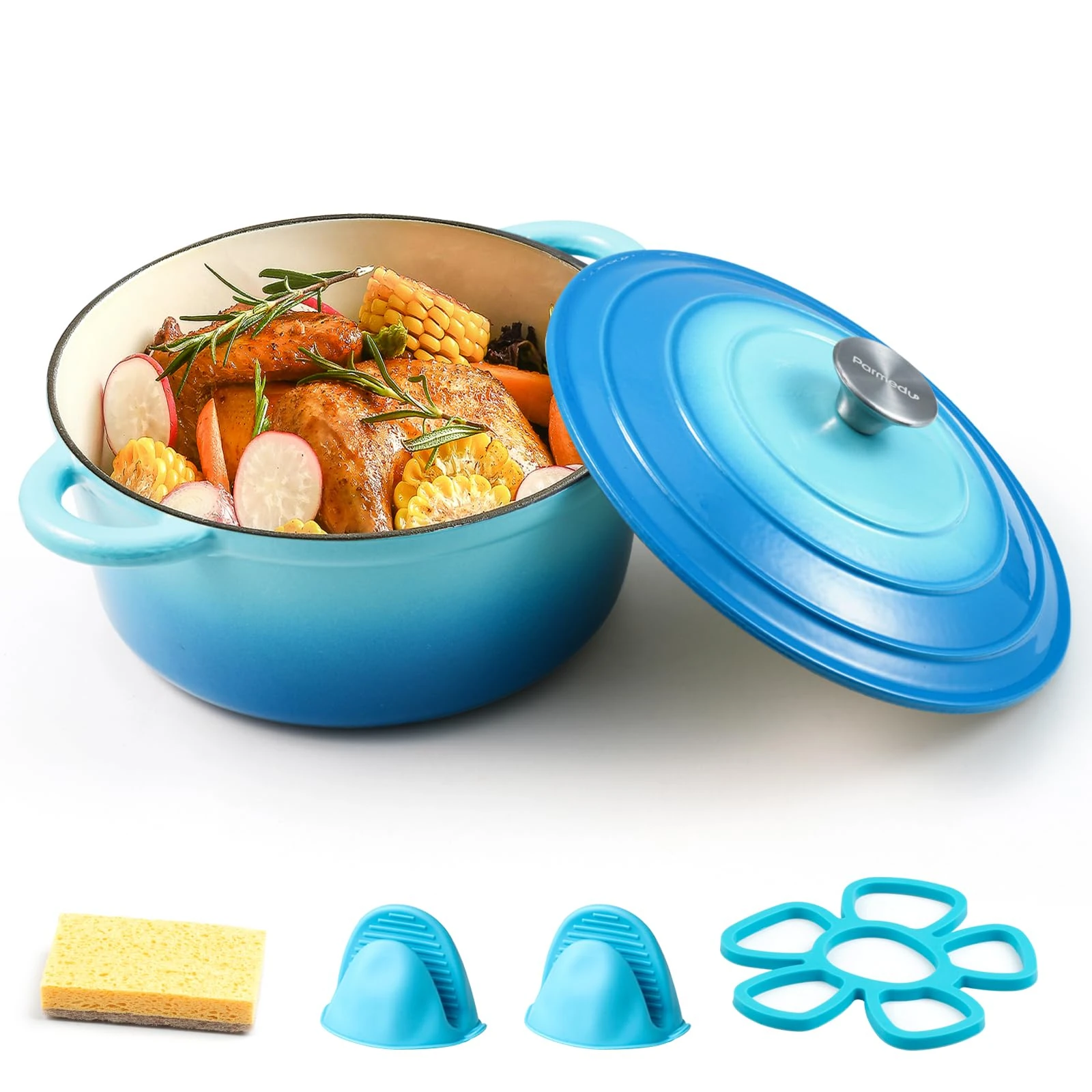 Parmedu Enameled Cast Iron Pot: 5L Heavy Duty Dutch Oven with Lid and Dual Handles in Blue - Silicone Accessories and Sponge Included, Ideal for Braising, Stewing, Roasting and Baking, Christmas