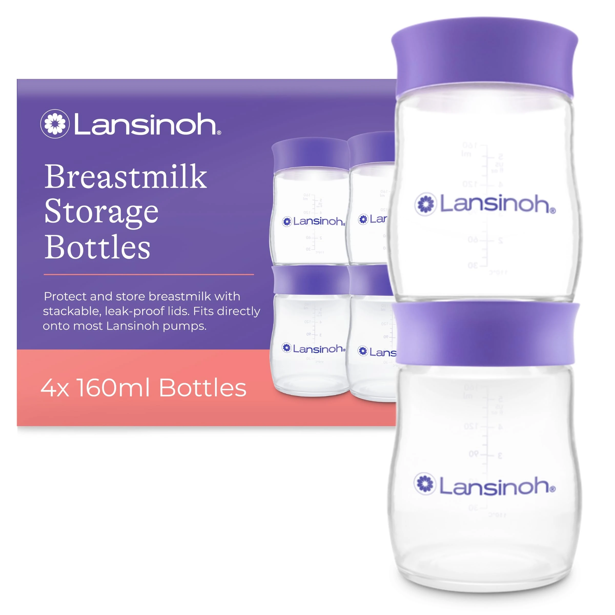 Lansinoh Breastmilk Storage Bottles - 4 x 160 ml - Stackable BPA-Free Leak-Proof Breastfeeding Newborn Essentials Fridge Freezer Reusable Baby Food Storage Containers Weaning Breast Milk Feeding