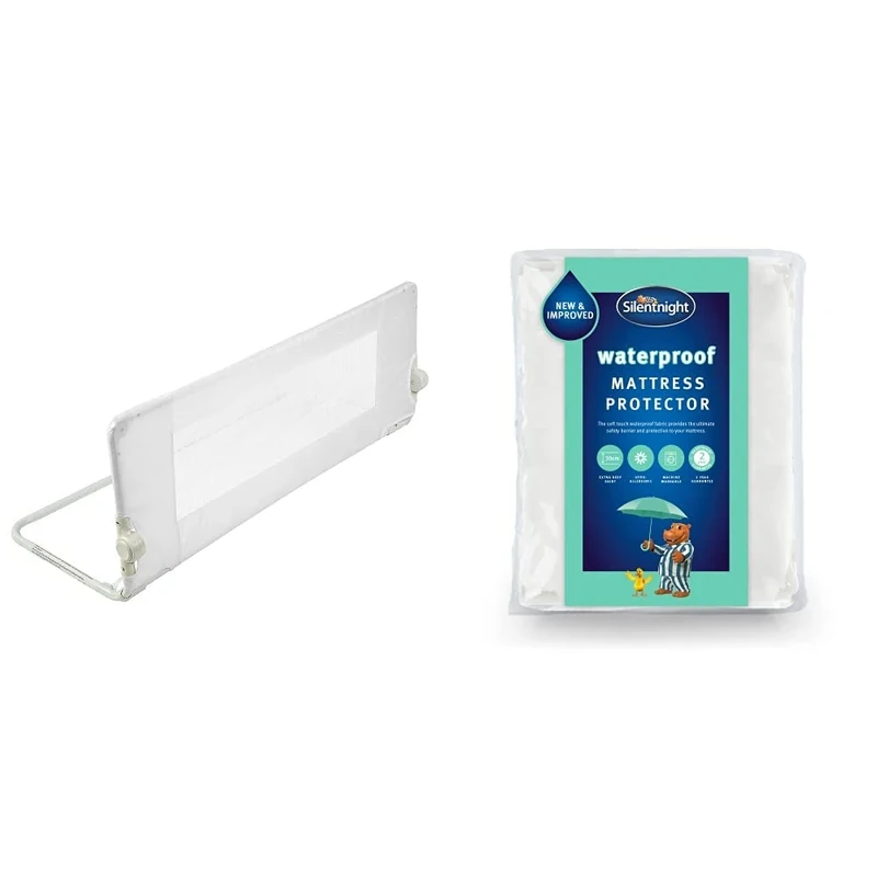 Safetots Bed Rail White & Silentnight Waterproof Mattress Protector – Single Mattress Protector with Deep 30cm Fitted Skirt and Soft Touch Quiet Rustle Free Cover – Machine Washable and Hypoallergenic