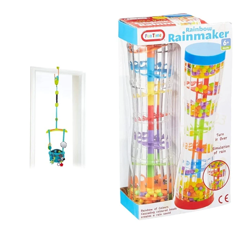 Bright Starts, Door Jumper - Bounce 'n Spring Deluxe with Padded Seat, Door Clamp, Adjustable Strap, 4 Take-Along Toys & Funtime 55914 Rainbow Rainmaker Toy,for 6 Months to 3 Years, 23cm