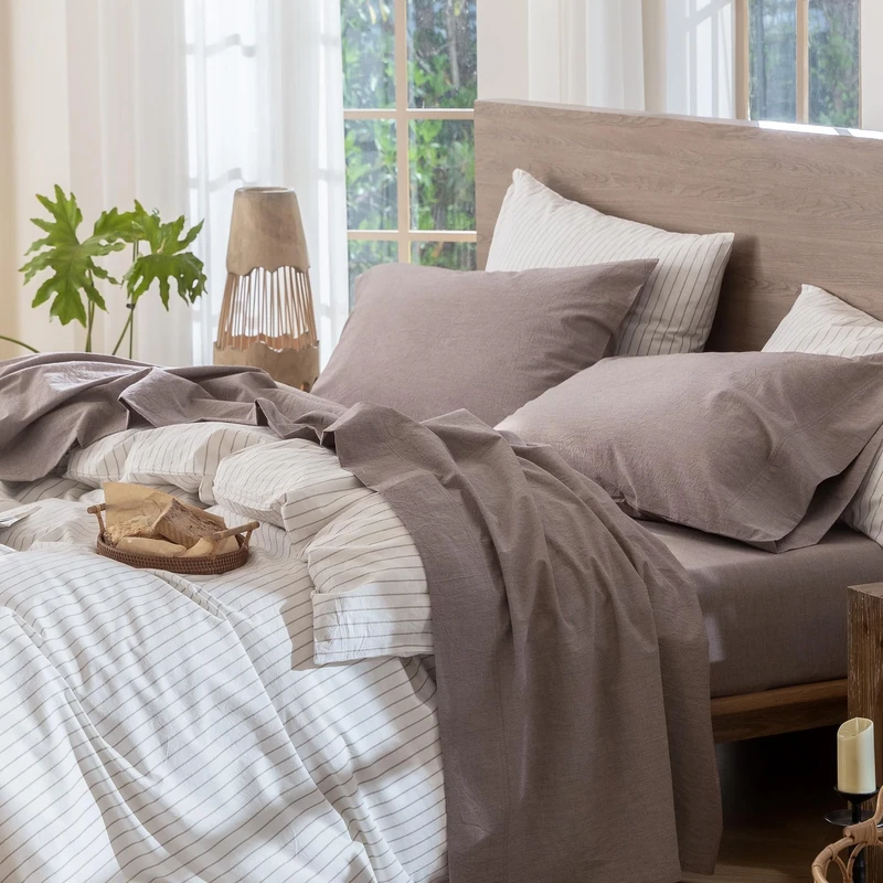 MOOMEE Bedding Sheet Set 100% Washed Cotton Linen Like Textured Breathable Durable Soft Comfy (Mauve Brown, Queen)