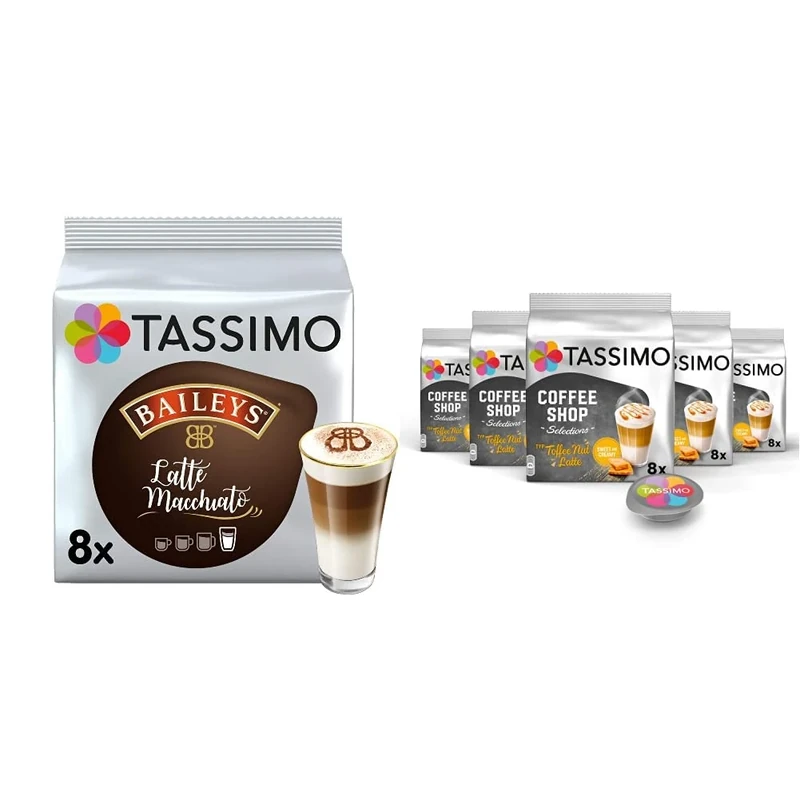 Tassimo Coffee Pods x8 (Pack of 5, Total 40 Drinks) - Baileys Latte Macchiato & Toffeenut Latte, 81 Count, Medium Roast, Caffeinated, Milk Allergen, Coffee Machine Insert, Disc, 16 Pods per Pack