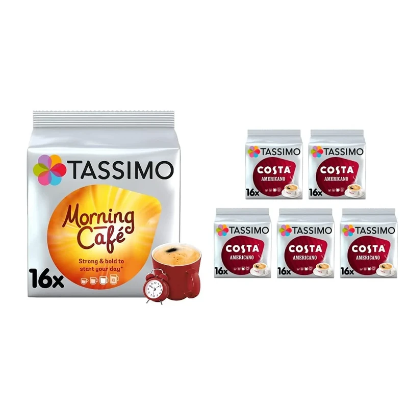 Tassimo Morning Café Coffee Pods x16 (Pack of 5, Total 80 Drinks) & Costa Americano Coffee Pods x16 (Pack of 5, Total 80 Drinks)