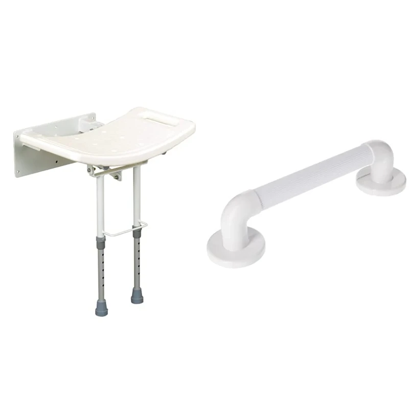 Days Wall Mounted Shower Seat with Legs, Aluminium Shower Chair, Contoured Seat with Height Adjustable Legs & Moulded Fluted Grab Rail, Durable PVC Safety Rail and Mobility Aid for Bathroom