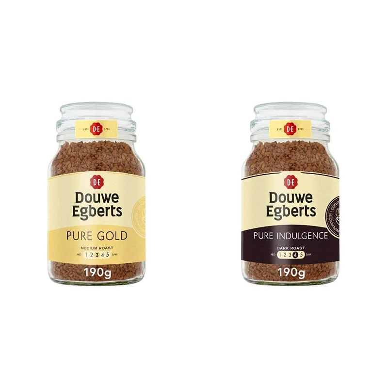 Douwe Egberts Pure Gold Medium Roast Instant Coffee 190g (Pack of 6 Jars, Total 1.14kg) & Douwe Egberts Pure Indulgence Dark Roast Instant Coffee 190g (Pack of 6 Jars, Total 1.14kg)
