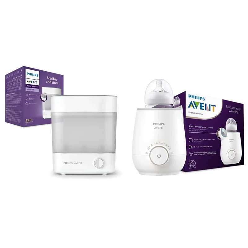 Philips Avent Advanced Bottle Steriliser, Kills 99.9% of Germs*, 10 min Sterilising Cycle - SCF291/01 & Philips Avent Fast Bottle Warmer with Smart Temperature Control: Warms Evenly, No Hotspots