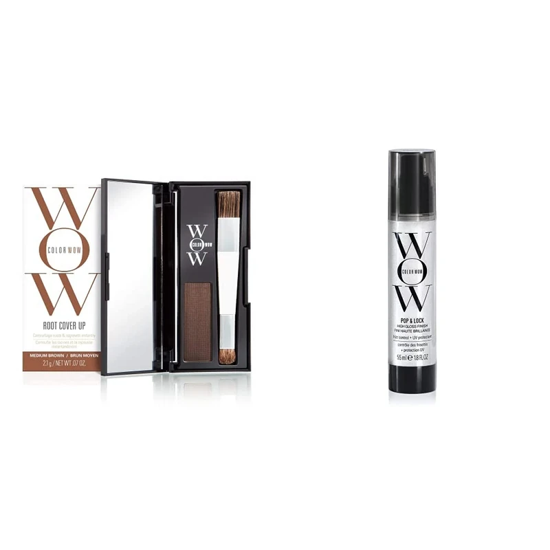 COLOR WOW Root Cover Up, Medium Brown, 2.1 g & Color Wow Pop + Lock Frizz Control + Glossing Serum – Anti-frizz serum with heat protection; Seals split ends; Moisturises, 2.0 count