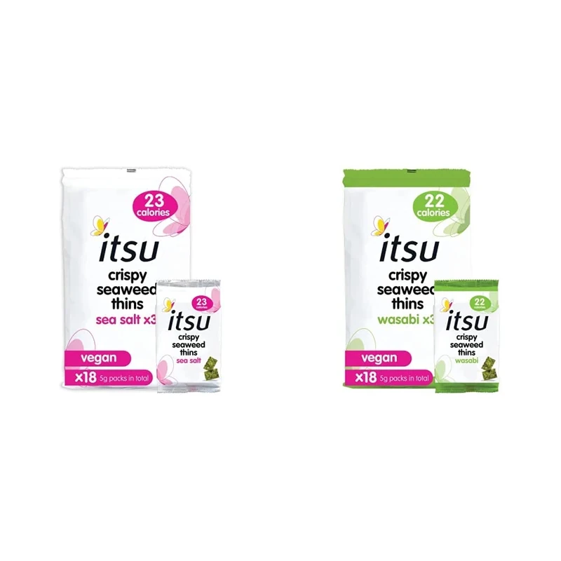 Itsu Crispy Seaweed Thins Healthy Snack 5g (Pack of 18) | Vegan | Low Calorie | Sea Salt Flavour & Crispy Seaweed Thins Healthy Snack Vegan Low Calorie Wasabi Flavour, 5 g (Pack Of 18)