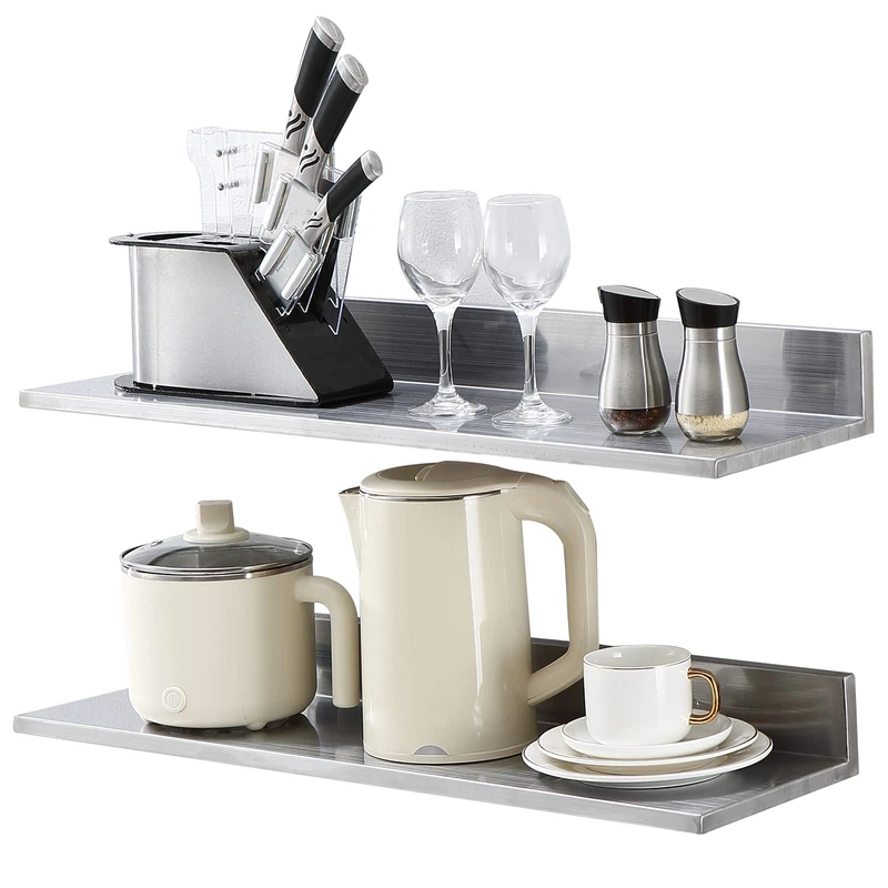 VEVOR 8.6" x 30" Stainless Steel Shelf, Wall Mounted Floating Shelving with Backsplash, 44 lbs Load Capacity Commercial Shelves, Heavy Duty Storage Rack for Restaurant Kitchen Bar Home Hotel， 2 Pack