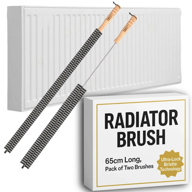 Radiator Brush with Wooden Handle | Pack of 2 Radiator Cleaner Brush with Hanging Hook Loop | Multi-Purpose, Flexible, Thin, 65CM Long | Efficient and Easy Cleaning of Home and Office (Black)