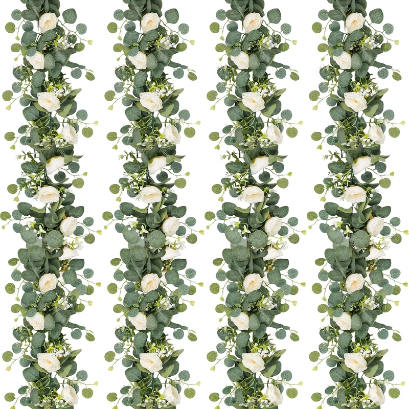 TOCHGREEN 4 Pack Artificial Eucalyptus Flower Garland with White Roses, Fake Rose Flower Greenery Garland Floral Vines for Wedding Home Party Table Runner Decor (4PCS, White)