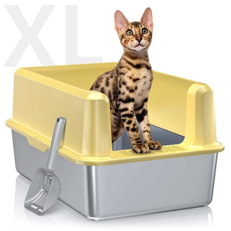 Stainless Steel Litter Box with High Side, XXL Extra Large Cat Litter Box for Big Cats & Multiple Cats, Non-Sticky, No Urine Leakage, Easy Clean Cat Litter Pan Include Scoop