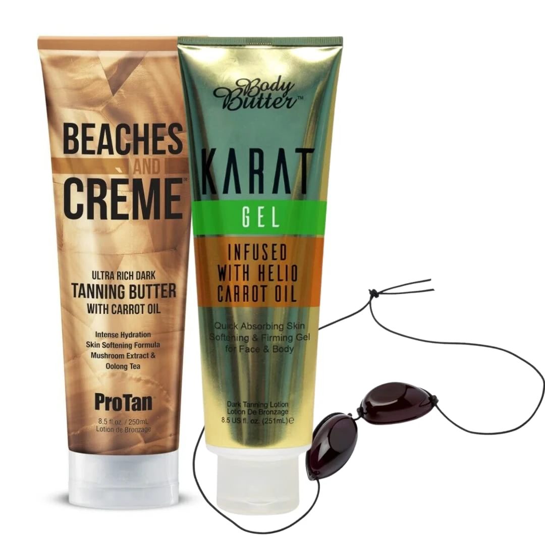 Pro Tan Beaches & Creme Tanning Butter 250ml | Body Butter Karat Gel 251ml + One Pair Sunbed Eye Goggles