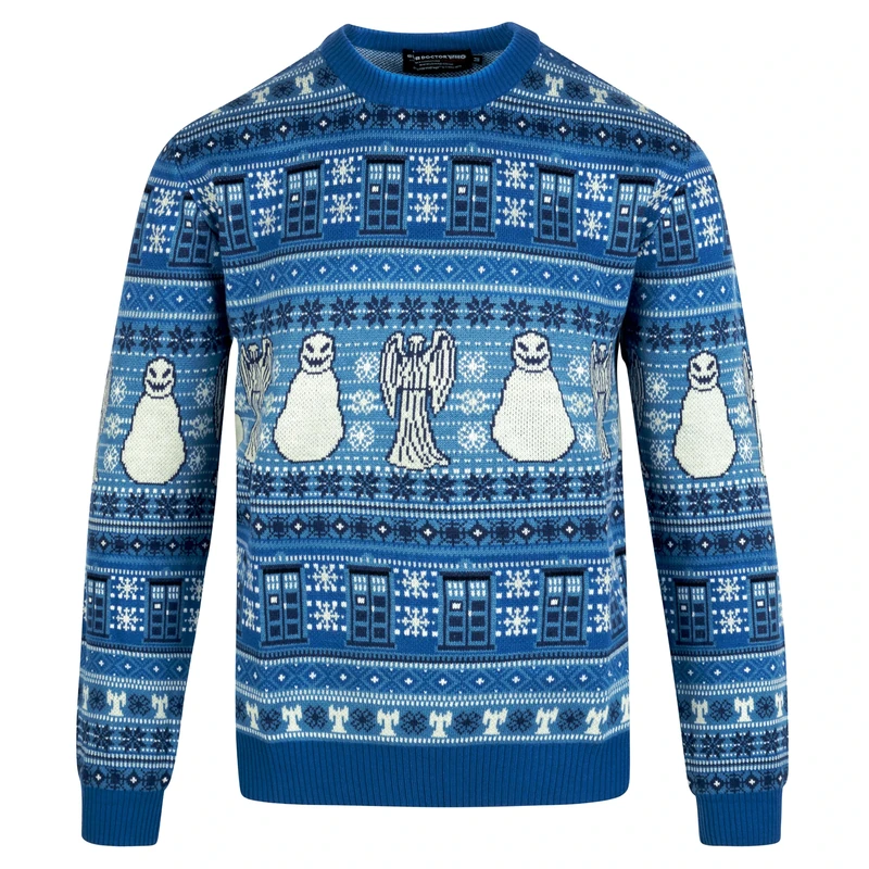 DOCTOR WHO Christmas Jumper Large- Tardis, Weeping Angels and Snowmen Xmas Sweater Merchandise for Men, Women, Boys and Girls - Gifts for him & her Blue