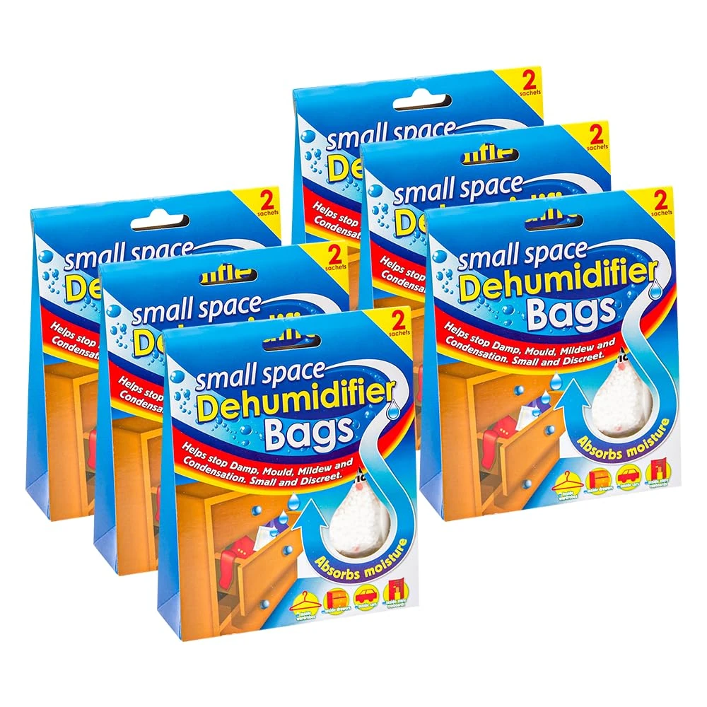 Small Space Dehumidifier Bags Pack of 6 (12 Sachets Total) – Moisture Absorber for Wardrobes, Drawers, Caravans, Cupboards & Small Rooms – Prevent Damp, Mould, Mildew & Condensation