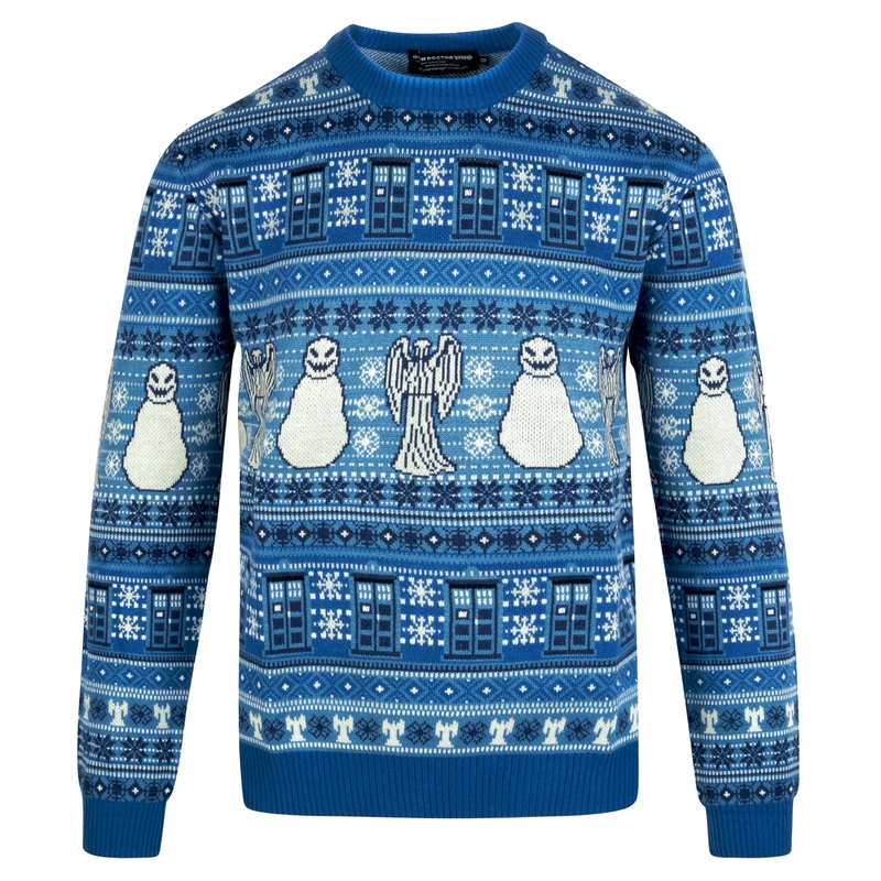 Doctor WHO Xmas Sweater Small- Tardis, Weeping Angels and Snowmen Christmas Dr Who Jumper - Official Gifts for Men & Womens Blue
