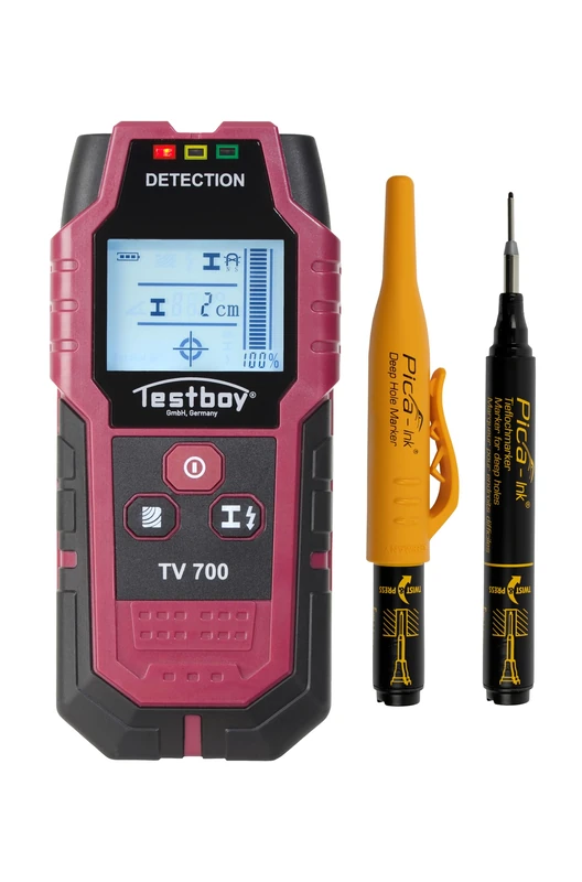 Testboy promotional set TV 700 digital wall scanner with PICA deep hole marker (digital wall scanner, high-contrast LCD display, automatic calibration, high performance), red/black