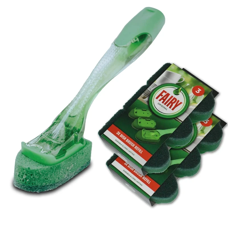 Addis Fairy Soap Dispensing Non Scratch Sponge Scourer Dish Brush with 6 Pack of Spare Replacement Refill Heads, Green & Clear, One Size