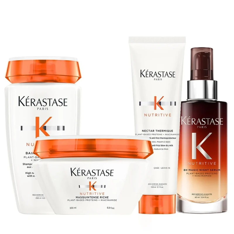 Kérastase Nutritive, Routine for Very Dry Thick Hair Lacking Nutrition, Contains High Nutrition Rich Shampoo, with Niacinamide, Nourishing Mask, Anti-Frizz Heat Protection Milk & Night Serum, Quad Set