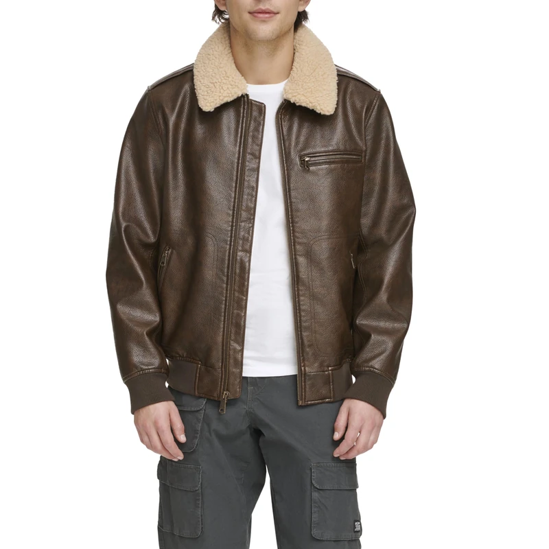 Levi's Men's Faux Leather Aviator Bomber Jacket with Sherpa Collar, Brown, L