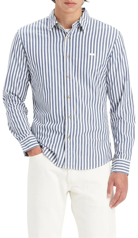 Levi's Men's Long-Sleeve Battery Housemark Slim Shirt, Dean Stripe Estate Blue, XS