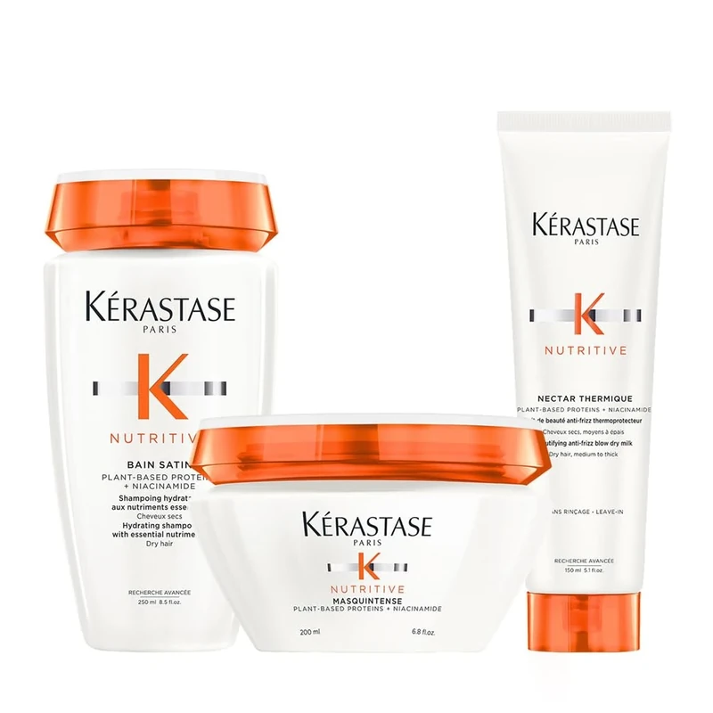Kérastase Nutritive, Routine for Very Dry Thin to Medium Hair Lacking Nutrition, with Niacinamide, Contains Hydrating Shampoo, Nourishing Mask & Anti-Frizz Heat Protection Milk, Trio Set