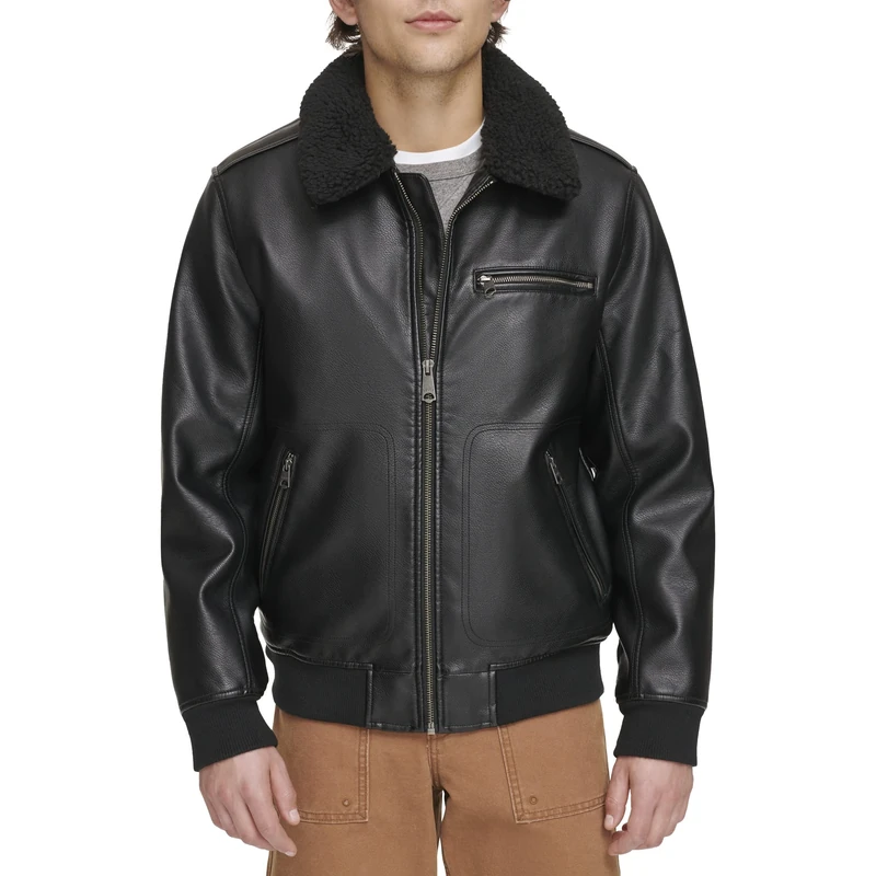 Levi's Men's Faux Leather Aviator Bomber Jacket with Sherpa Collar, Black, XL