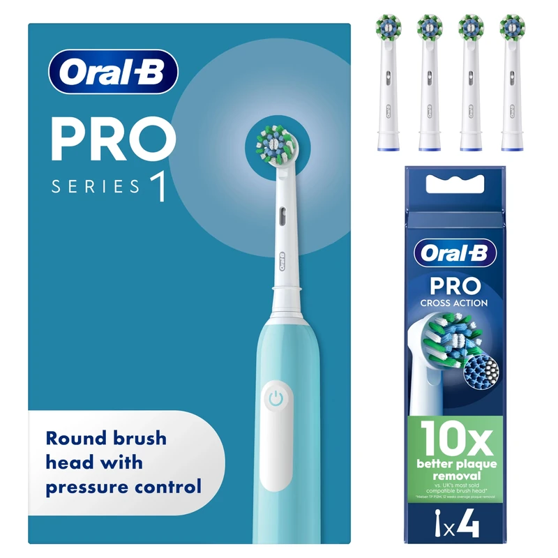 Oral-B Pro 1 Blue Electric Toothbrush + Oral-B Pro Cross Action Electric Toothbrush Heads 4 Pack Bundle