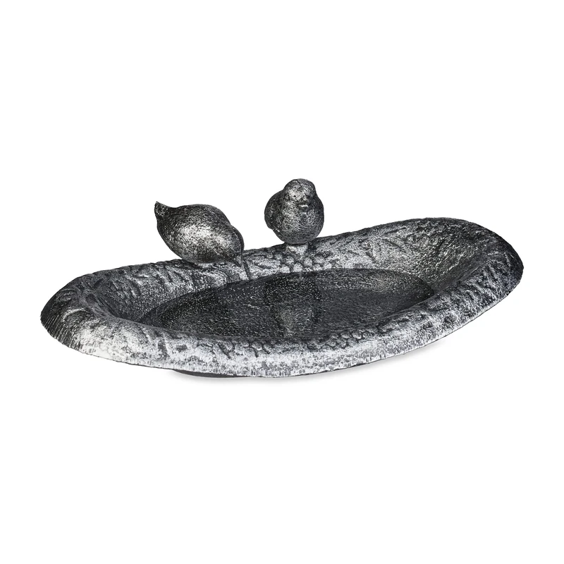 Relaxdays Cast Iron Bird Bath, Garden & Balcony, Feeding Station for Wildlife, 6.5 x 24 x 12.5 cm, Water Bowl, Silver