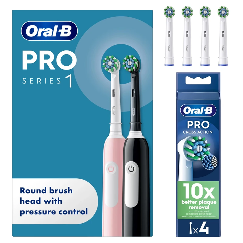 Oral-B Pro 1 Black & Pink Electric Toothbrush Duo Pack + Oral-B Pro Cross Action Electric Toothbrush Heads 4 Pack Bundle