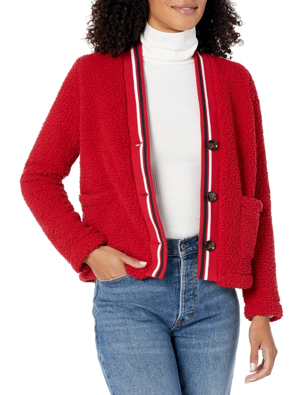Tommy Hilfiger Women's Soft Sherpa Cardigan Jacket Sweater, Chili Pepper, XL