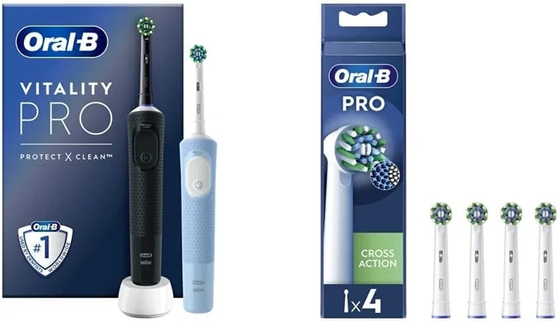 Oral-B Vitality Pro 2x Electric Toothbrushes Adults + Pro Cross Action Toothbrush Heads, 4 Pack, Gifts For Women/Him, 1 Handle, 2 Toothbrush Heads, 3 Brushing Modes With Sensitive Plus, 2 Pin UK Plug