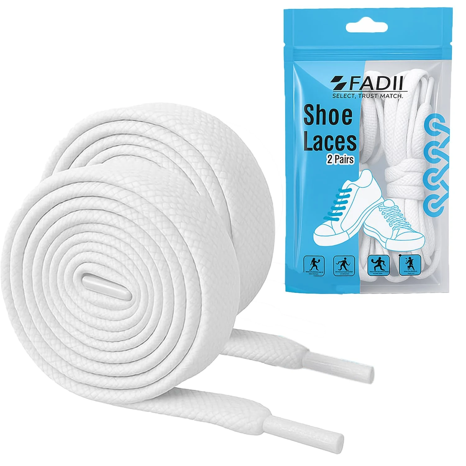 FADII White Shoe Laces 2 Pairs – Flat Trainer Laces for Shoes, Shoelaces for Trainers Men & Women, Heavy Duty Boot Laces 120cm, Long Shoelaces for Work Boots, Flat Laces for Trainers