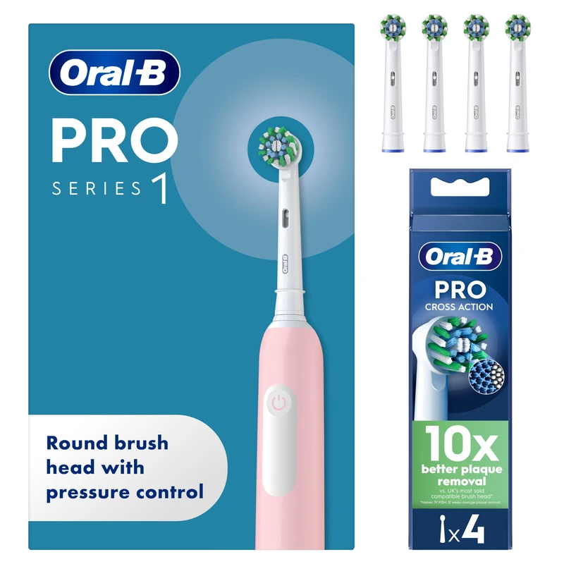 Oral-B Pro 1 Pink Electric Toothbrush + Oral-B Pro Cross Action Electric Toothbrush Heads 4 Pack Bundle