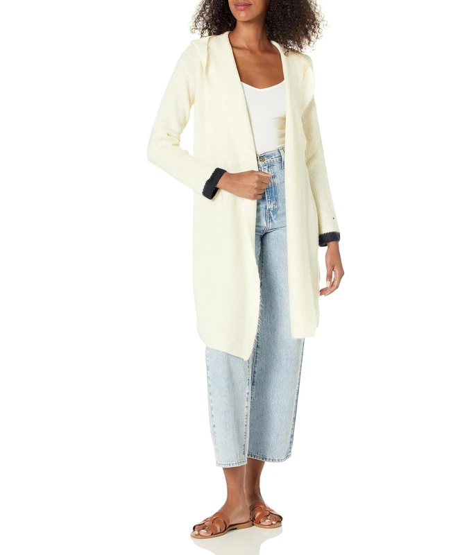 Tommy Hilfiger Women's Hood Kimono Cardigan Sweater, Ivory/Sky Captain, L