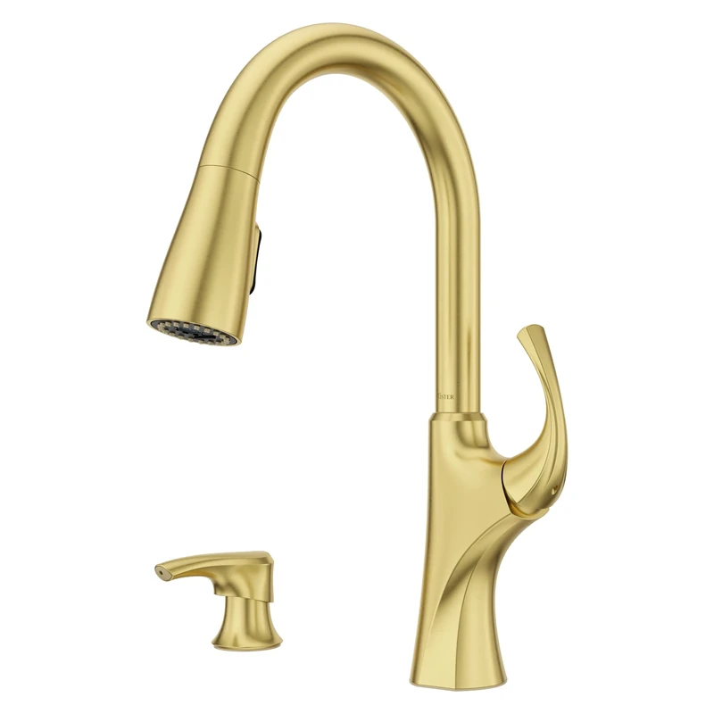 Pfister Miri 2.0 Kitchen Faucet with Pull Down Sprayer and Soap Dispenser, Single Handle, High Arc, Brushed Gold Finish, F5297MRRBG