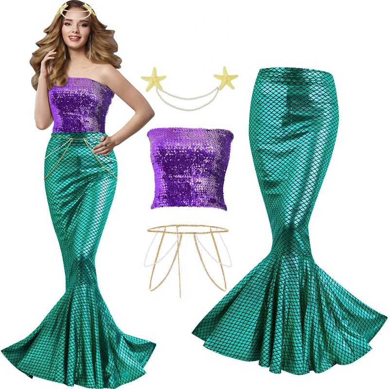 Newcotte 4 Pcs Mermaid Costume for Women Sequin Tube Top Skirt Pearl Waist and Head Chain for Halloween Cosplay, Green, Purple, Large