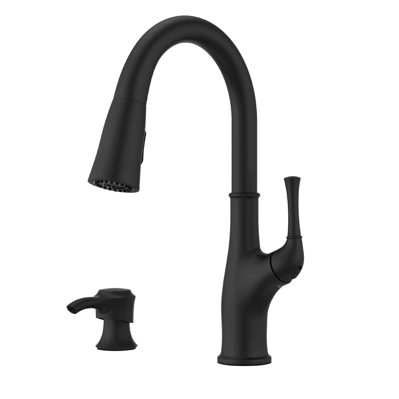 Pfister Alderwood Kitchen Faucet with Pull Down Sprayer and Soap Dispenser, Single Handle, Matte Black Finish, F5297AWB
