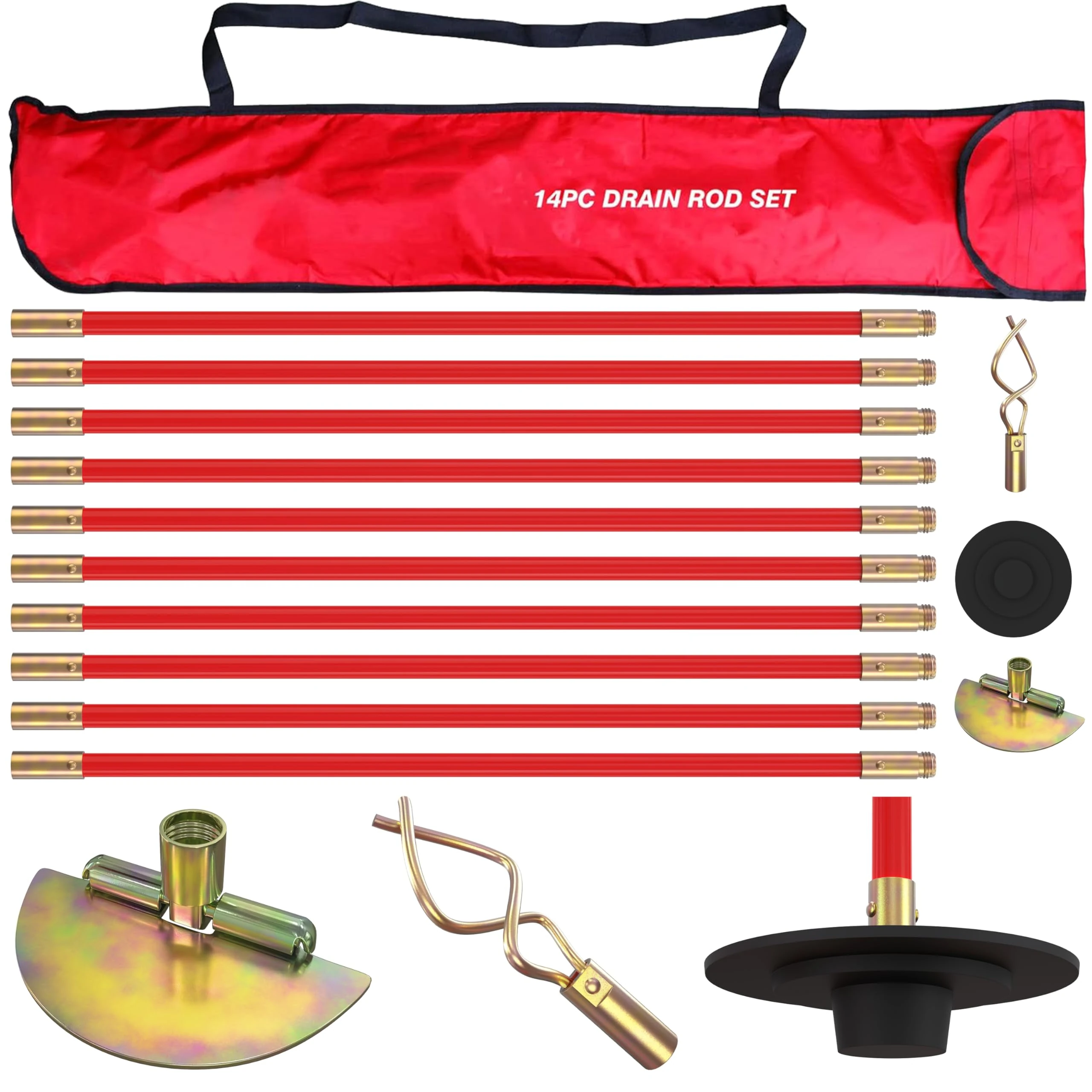 Pro 30ft Drain Rod Set Kit in Carry Bag Professional Heavy Duty Unlock Plunger Worm Scraper Cleaning Rods Rodding 14 PC 9m Length