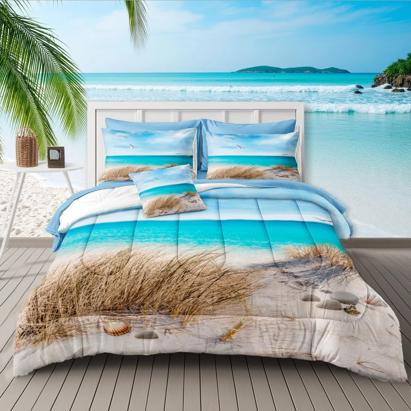 MOVE OVER Coastal Comforter Set King Size 8 Pcs Bed in A Bag Beach Themed Bedding Set for Kids Girls Boys and Adults Ocean Down Comforter Set Blue Sea and Sky Island Scenery Bedding with Sheet Set