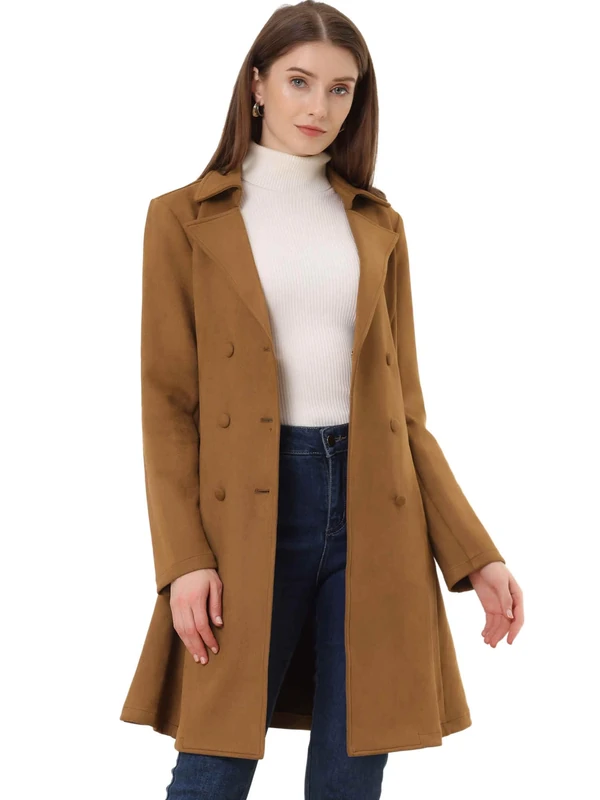 Allegra K Women's Faux Suede Jacket Double Breasted Notched Lapel Winter Long Trench Coat, Brown, M