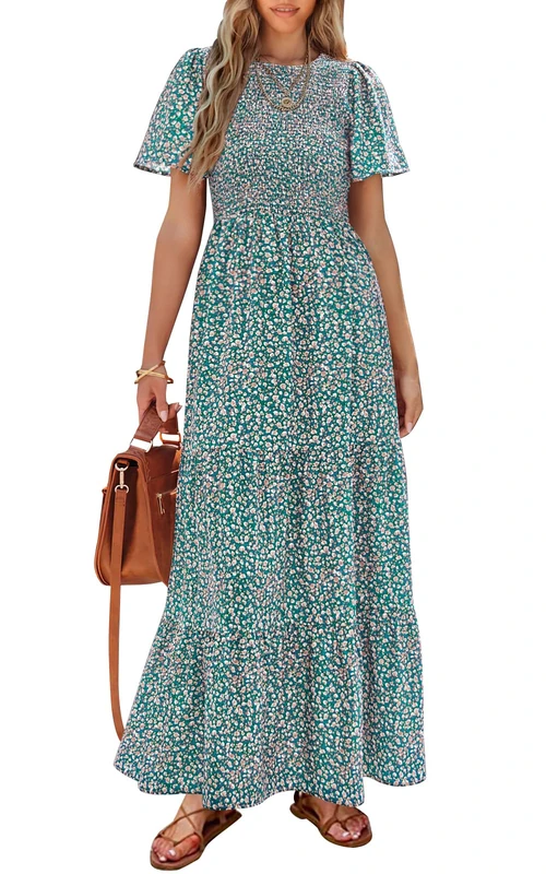 PRETTYGARDEN Women's Summer Casual Flutter Short Sleeve Boho Floral Maxi Dress Crew Neck Smocked Tiered Long Dresses, Olive Green, S