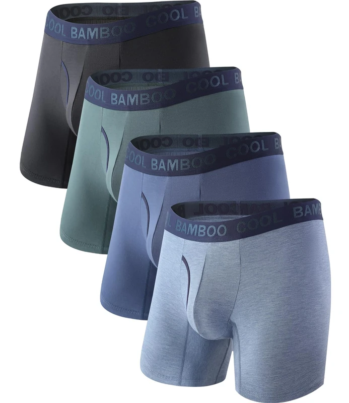 BAMBOO COOL Men's Underwear Boxer Briefs,Regular Leg,Breathable Soft Moisture-Wicking with Fly Underwear For men 4 Pack, Gray Green + Haze Blue + Dark Gray + Cyan, XXL