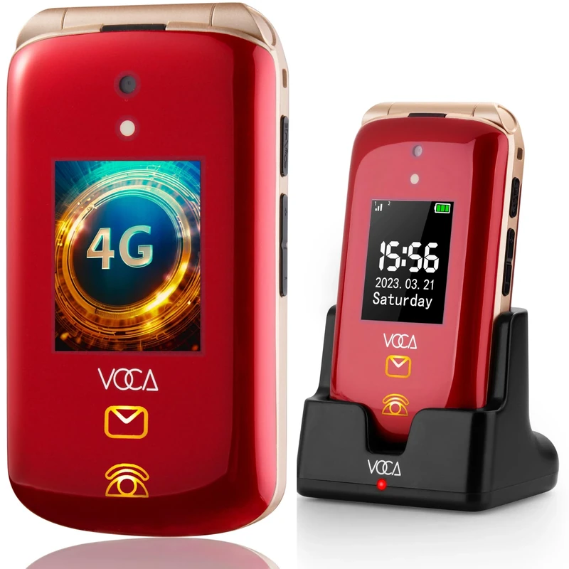 VOCA Big Button Flip Phone for Elderly | Dual Screen | Unlocked 4G LTE | Loud Volume | SOS Button | Hearing Aid Compatibility | Charging Dock | Predictive Text | V543 (Red)