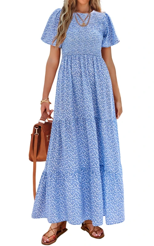 PRETTYGARDEN Women's Summer Casual Flutter Short Sleeve Boho Floral Maxi Dress Crew Neck Smocked Tiered Long Dresses, Sky Blue White Flower, XL