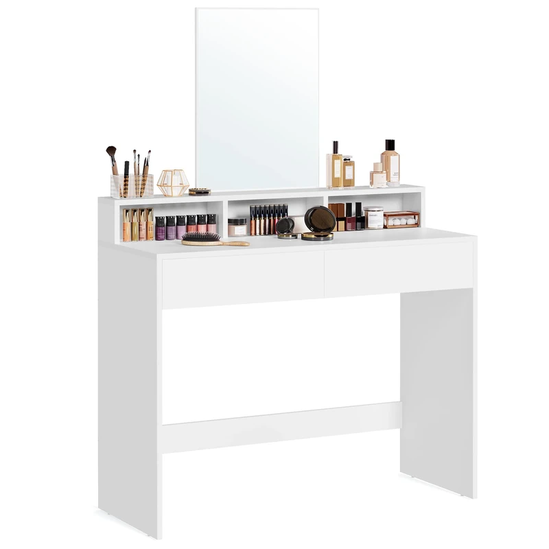 VASAGLE Modern White Makeup Vanity, Dressing Table with Large Mirror, 2 Drawers & 3 Compartments, 40 x 100 x 140 cm