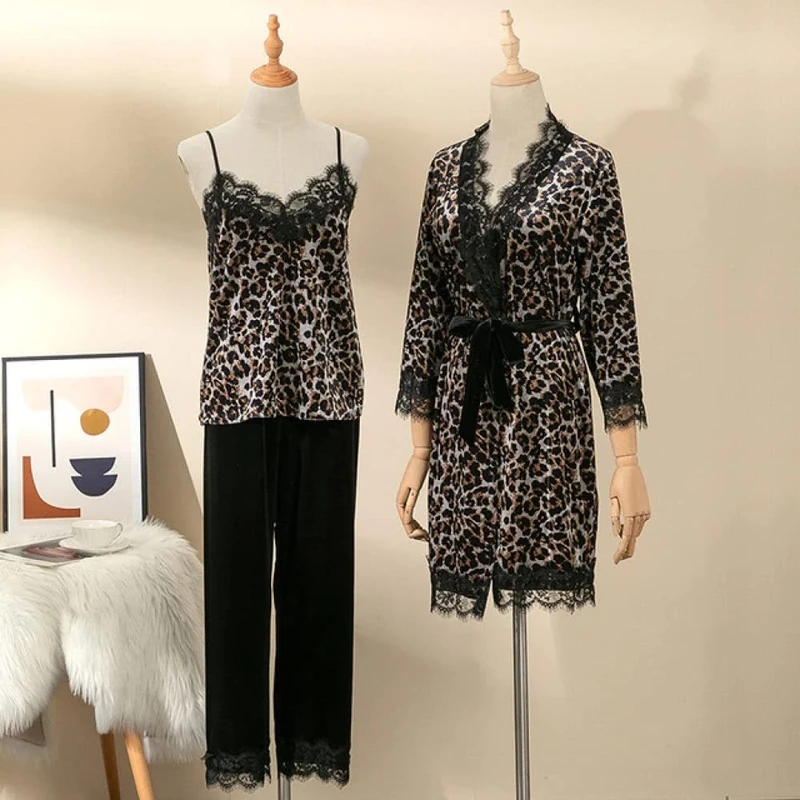 Women's Pajamas,3PCS Pajamas Set Women Sleepwear Sexy Lace Nightgown Casual Bathrobe Autumn Winter Sleep Set Homewear,Leo (Leopard X)