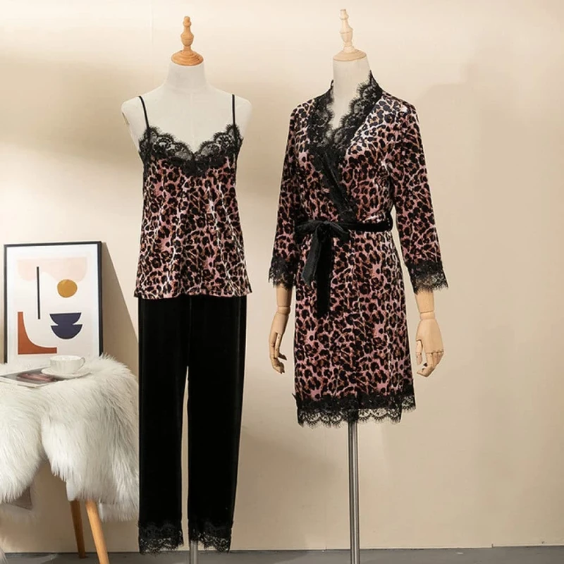 Women's Pajamas,3PCS Pajamas Set Women Sleepwear Sexy Lace Nightgown Casual Bathrobe Autumn Winter Sleep Set Homewear,Leo (Leopard Pink Medium)