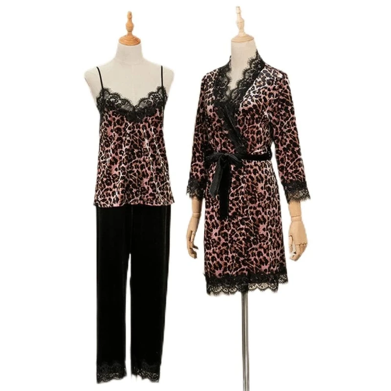 Women's Pajamas,3PCS Pajamas Set Women Sleepwear Sexy Lace Nightgown Casual Bathrobe Autumn Winter Sleep Set Homewear,Leo