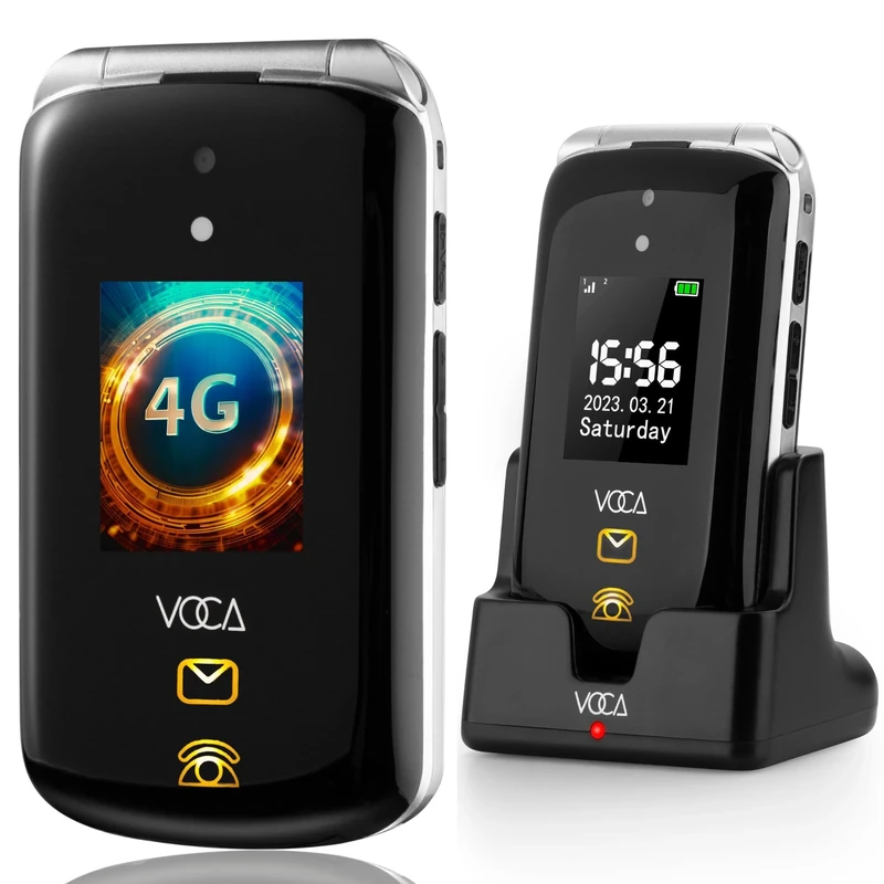 VOCA Big Button Flip Phone for Elderly | Dual Screen | Unlocked 4G LTE | Loud Volume | SOS Button | Hearing Aid Compatibility | Charging Dock | Predictive Text | V543 (Black)